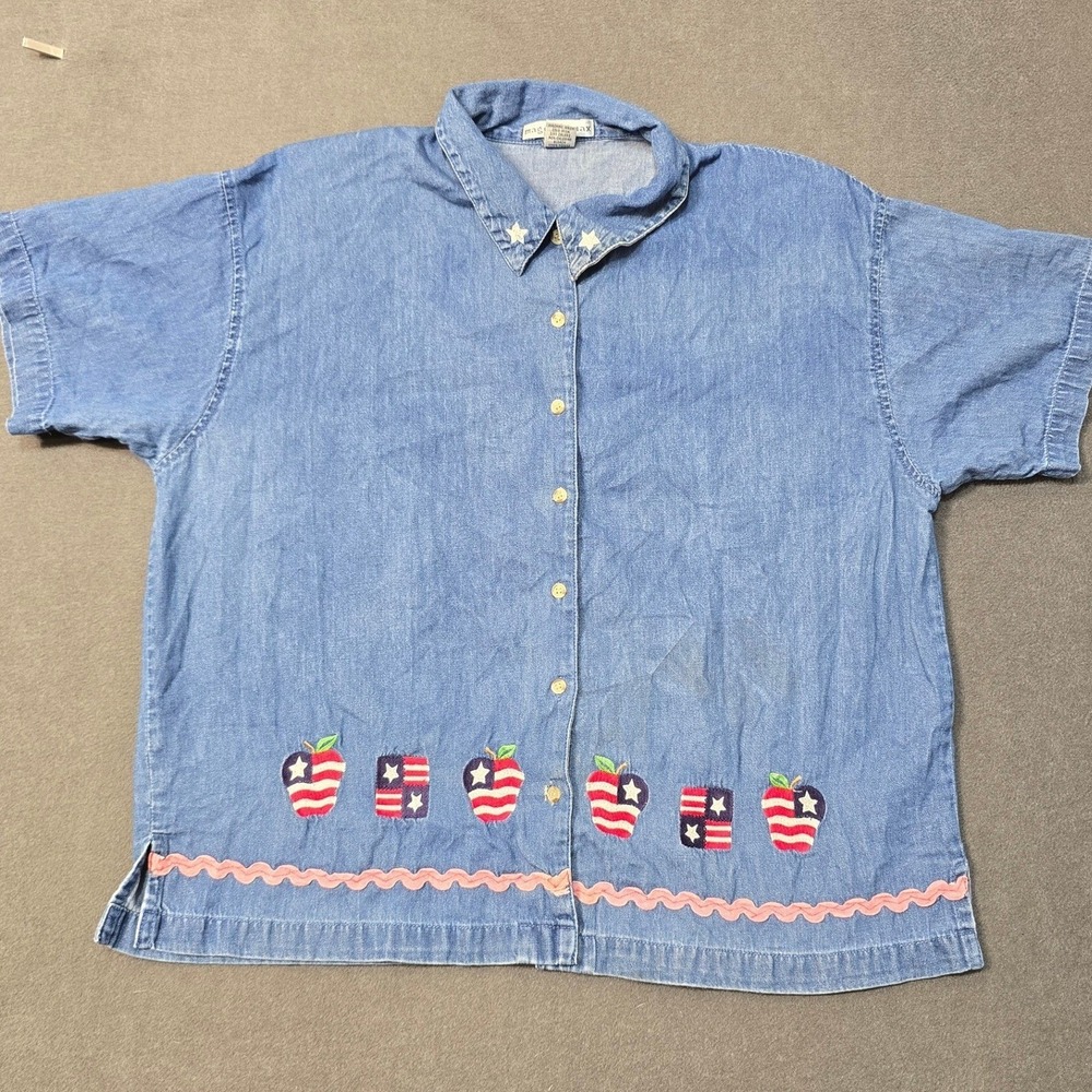 VTG Maggie & Max Embroidered Flag and Apple Teacher Denim Button Down Shirt 1X